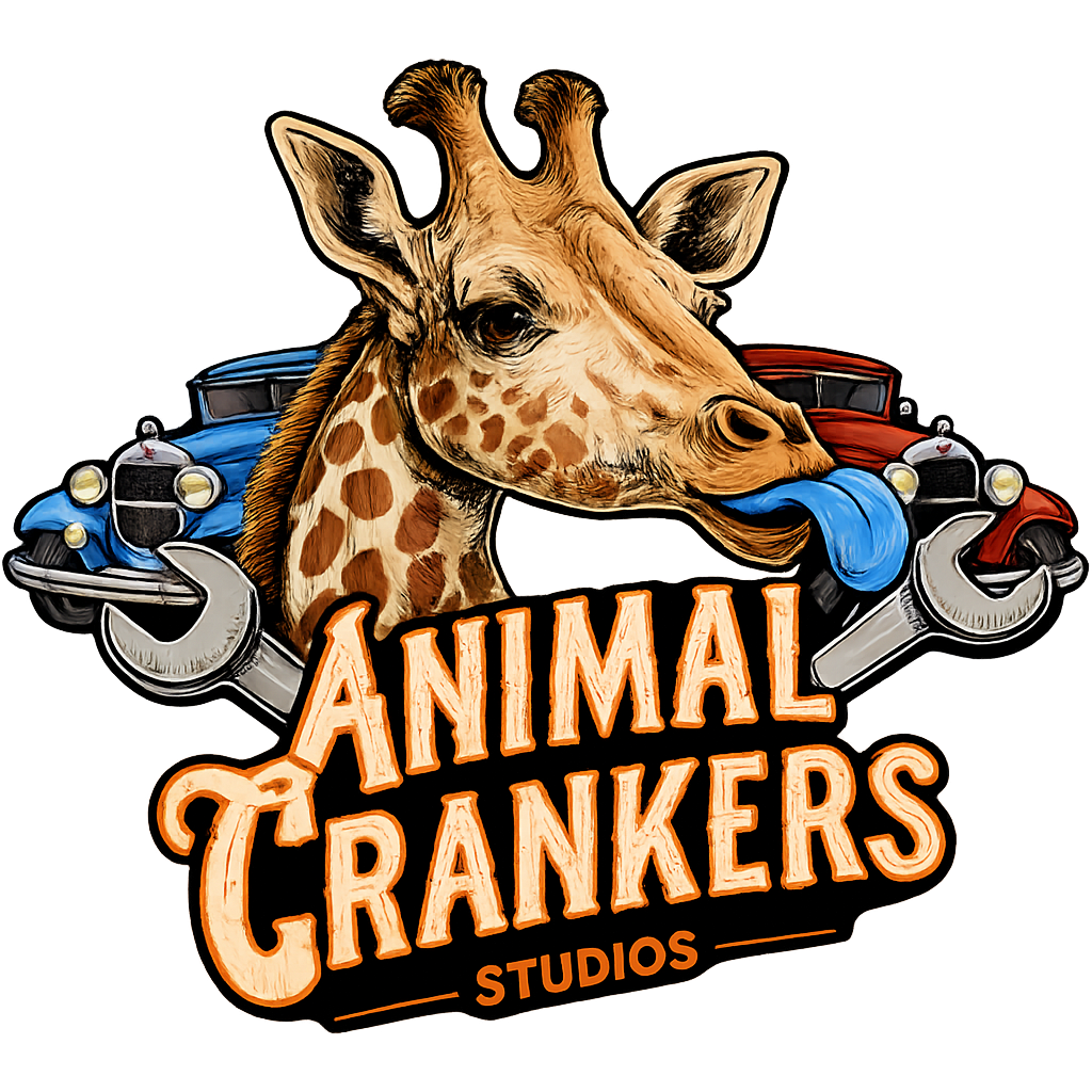 Animal Crankers Studios logo featuring a giraffe, old cars, wrenches, and stylized lettering